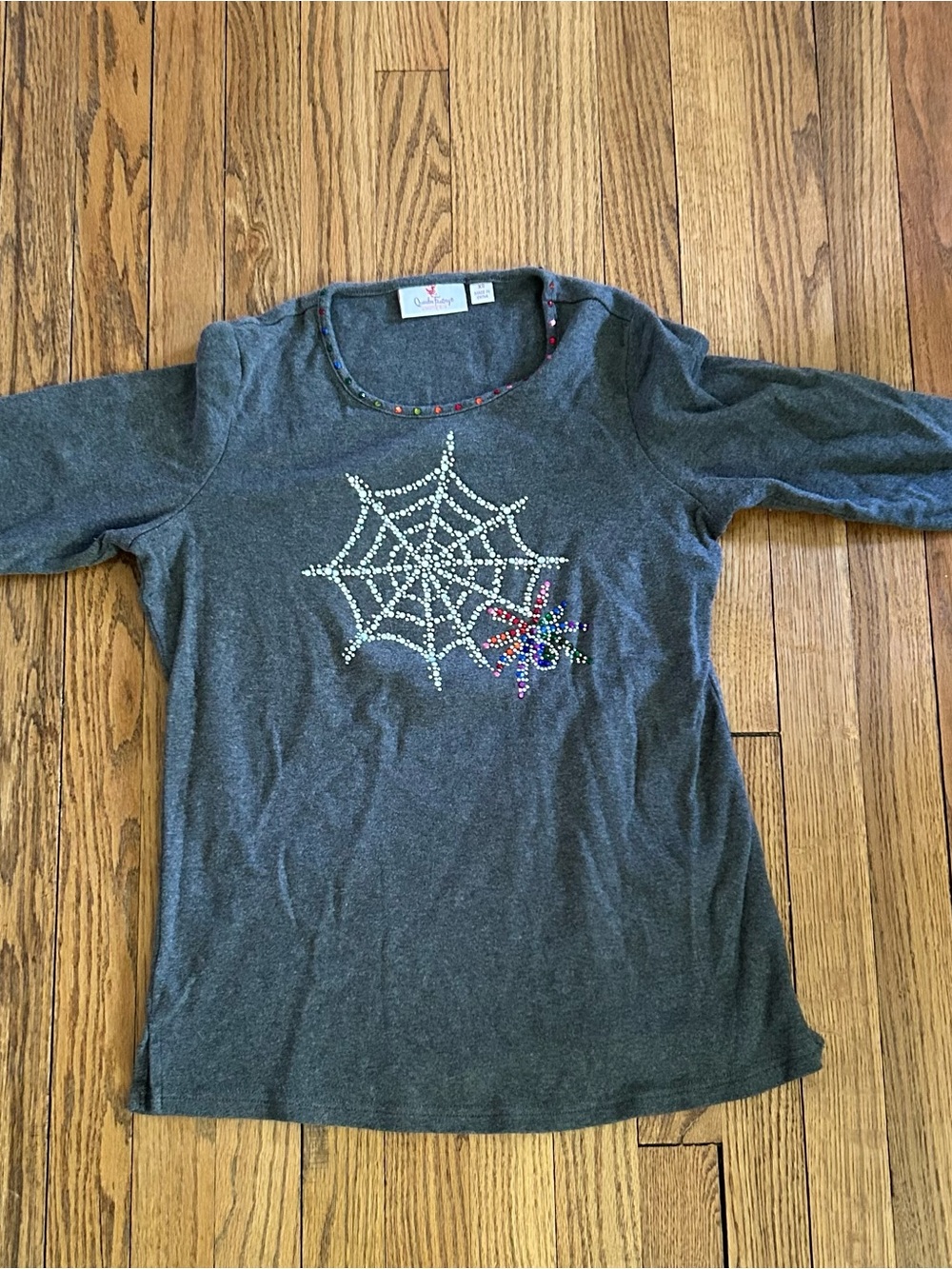 Quacker Factory Dark Gray 3/4 Sleeve Tee with Sequin Spiderweb